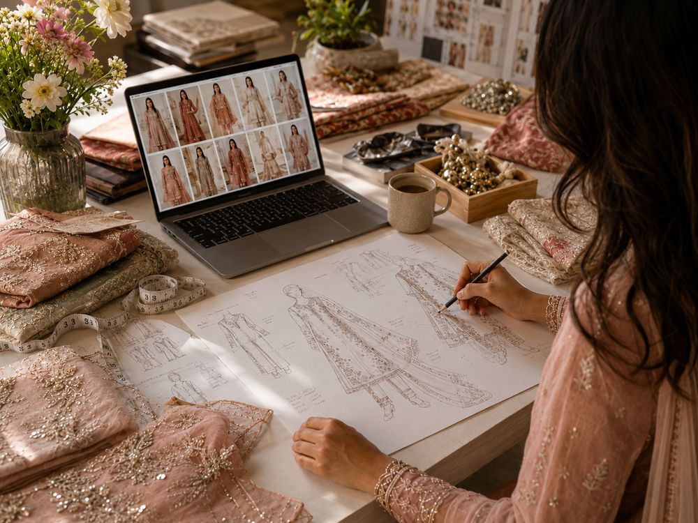 Designer developing Punjabi and Indian ethnic wear silhouettes with sketches, fabrics and a laptop