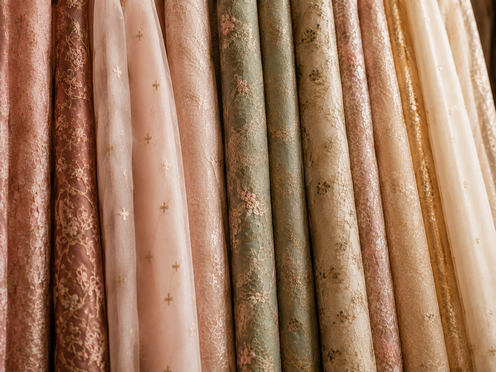 Embroidered fabric selection in blush, sage, ivory and gold tones for the GURKAARI collection