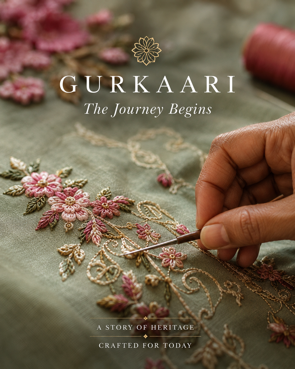 GURKAARI journey reel cover featuring heritage hand embroidery on sage green fabric