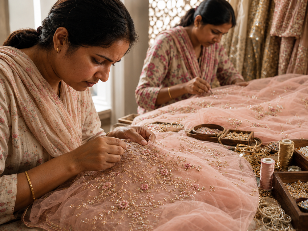 Kaarigars hand-embroidering blush fabric with beads and metallic thread in a workshop